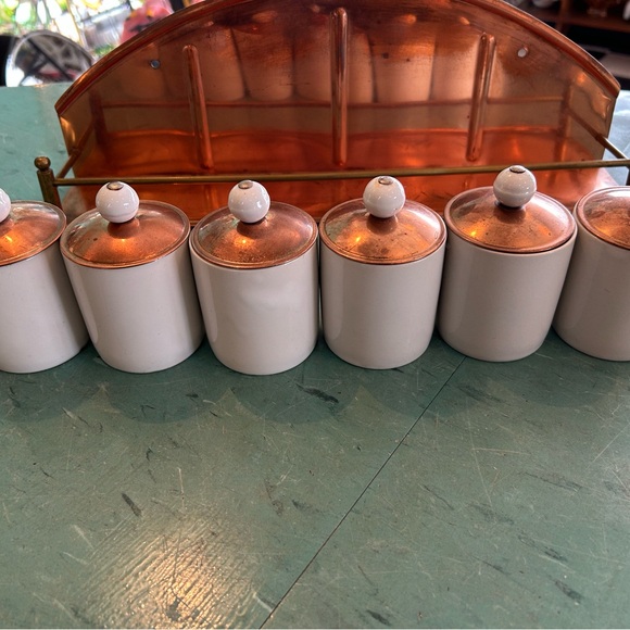Vintage copper ceramic spice jar set wall mount shelf with rack mcm mid century - Picture 13 of 15